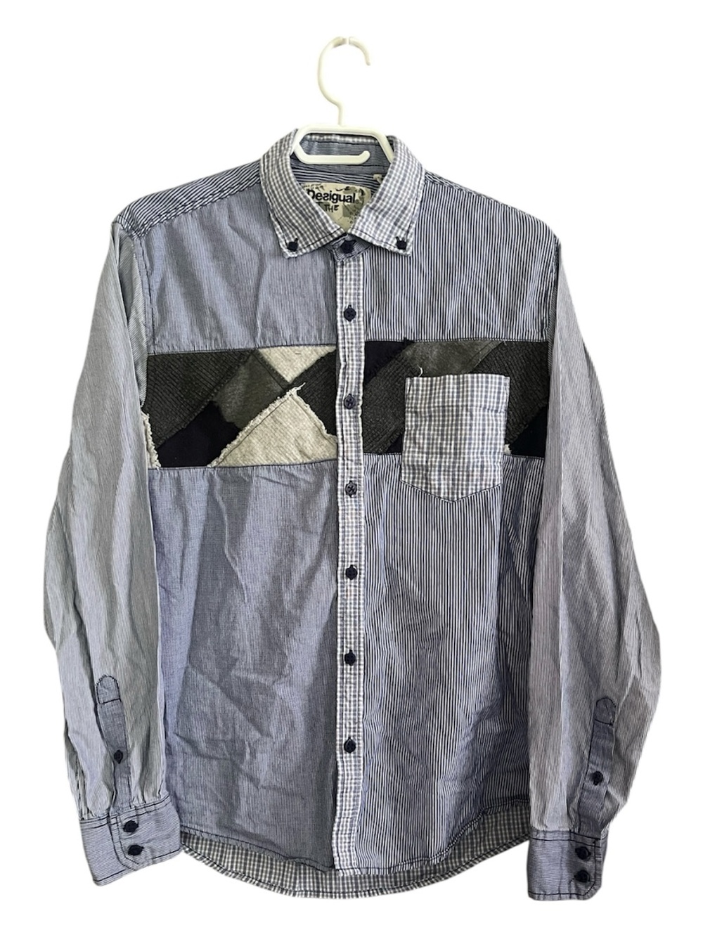 Desigual Patchwork Men’s Button Down Shirt Slim Fit Blue Size Large